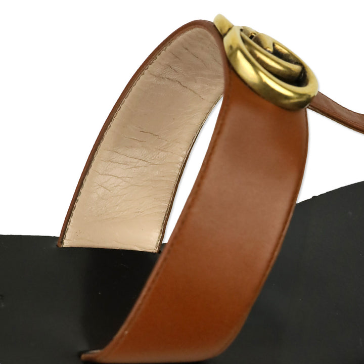 Gucci Cognac Leather GG Marmont T-Strap Thong Sandals