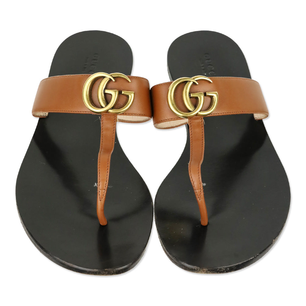 Gucci Cognac Leather GG Marmont T-Strap Thong Sandals