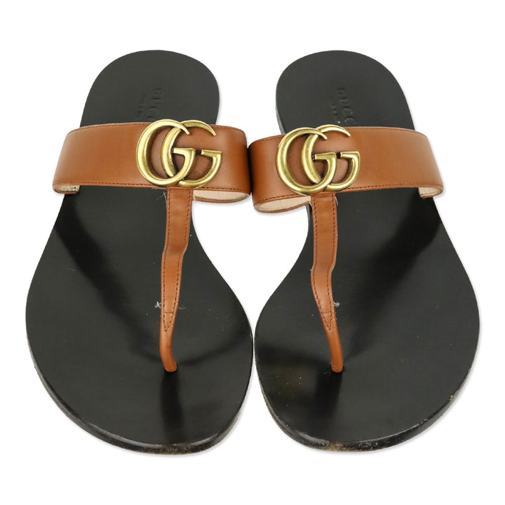 Gucci Cognac Leather GG Marmont T-Strap Thong Sandals