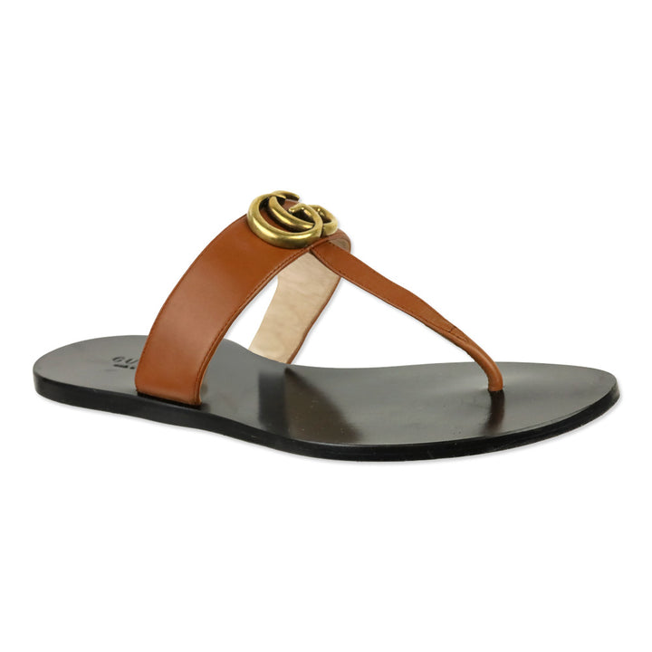 Gucci Cognac Leather GG T-Strap Thong Sandals