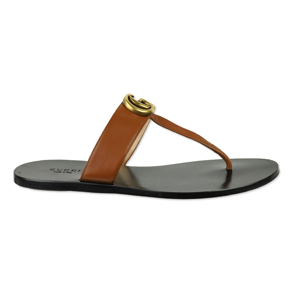Gucci Cognac Leather GG T-Strap Thong Sandals