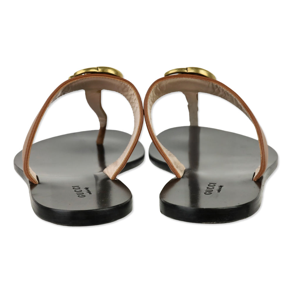 Gucci Cognac Leather GG T-Strap Thong Sandals