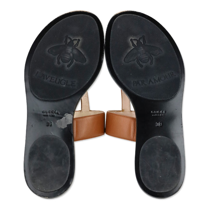 Gucci Cognac Leather GG T-Strap Thong Sandals