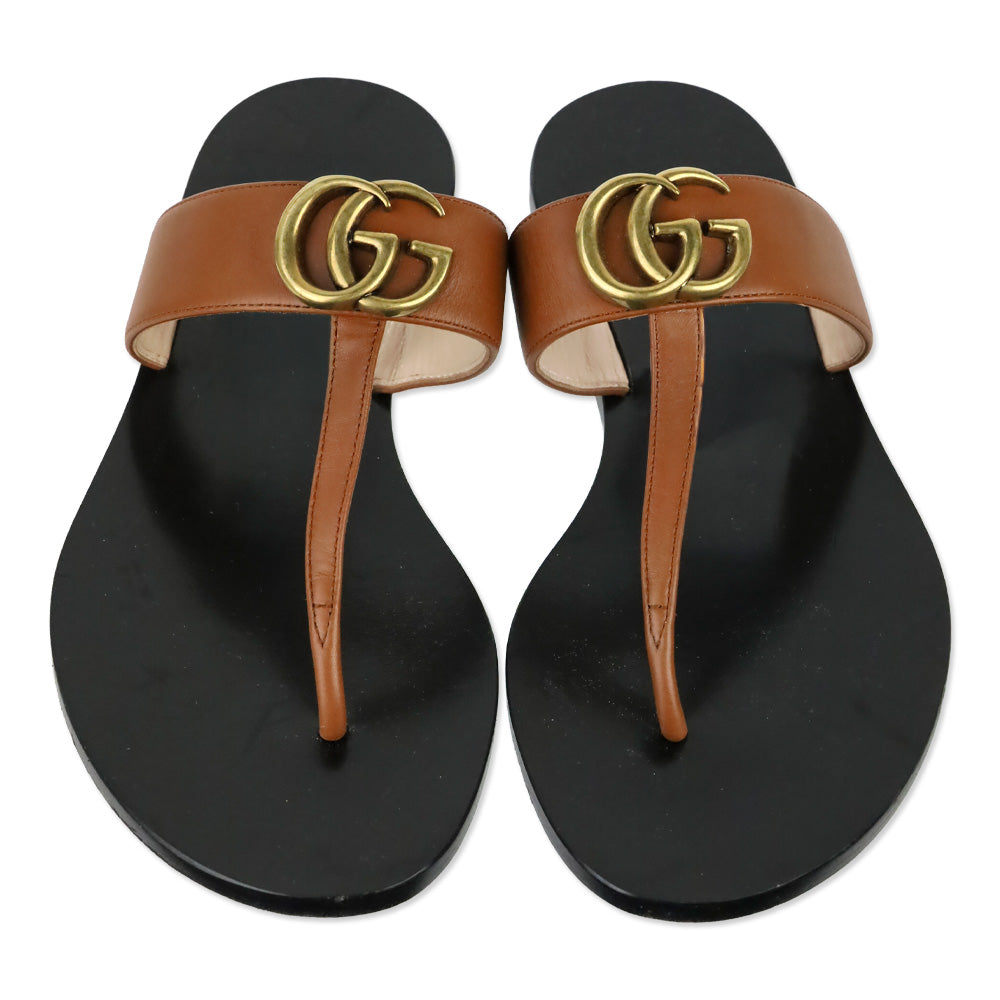 Gucci Cognac Leather GG T-Strap Thong Sandals
