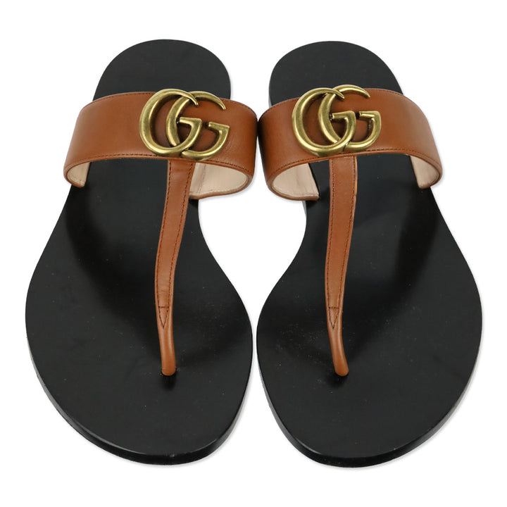 Gucci Cognac Leather GG T-Strap Thong Sandals