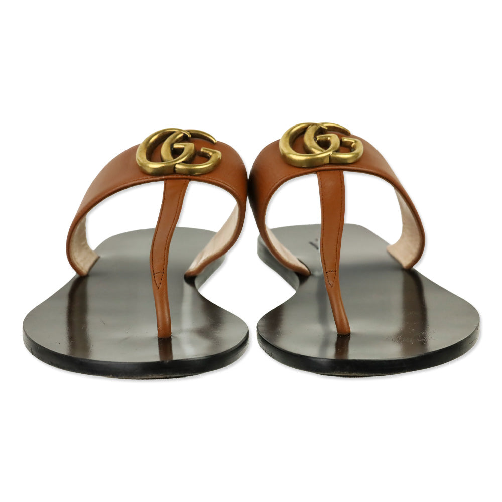 Gucci Cognac Leather GG T-Strap Thong Sandals