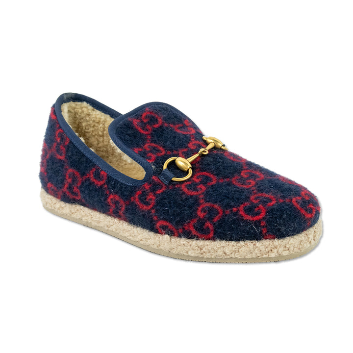 Gucci Fria Navy Wool Red GG Supreme Horsebit Loafers