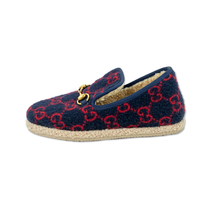 Gucci Fria Navy Wool Red GG Supreme Horsebit Loafers