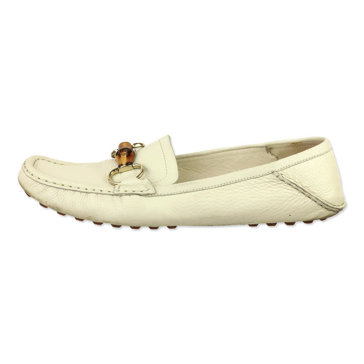 Gucci Cream Leather Bamboo Horsebit Driving Loafer