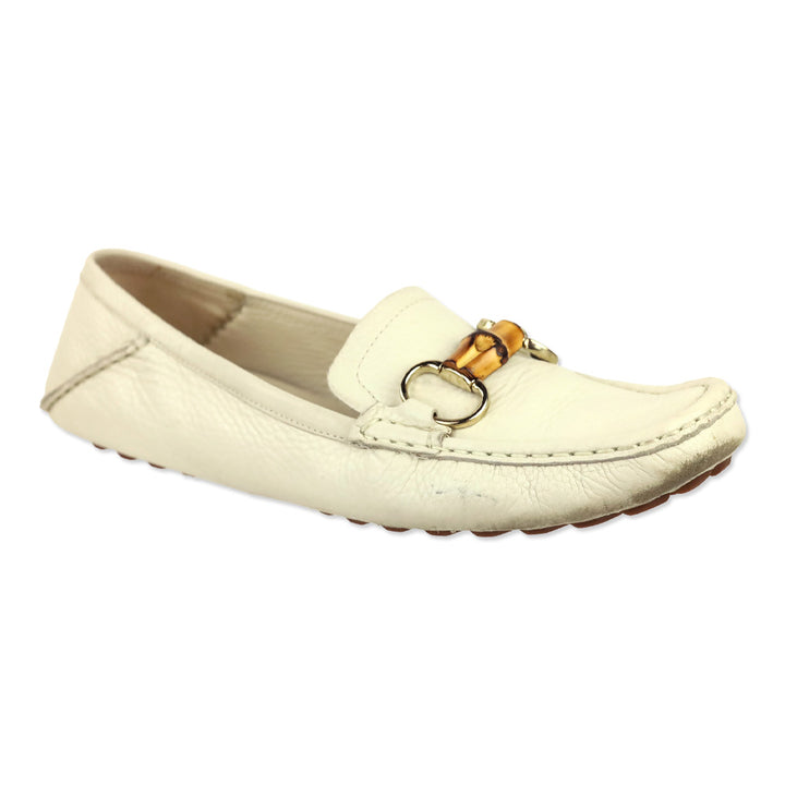 Gucci Cream Leather Bamboo Horsebit Driving Loafer