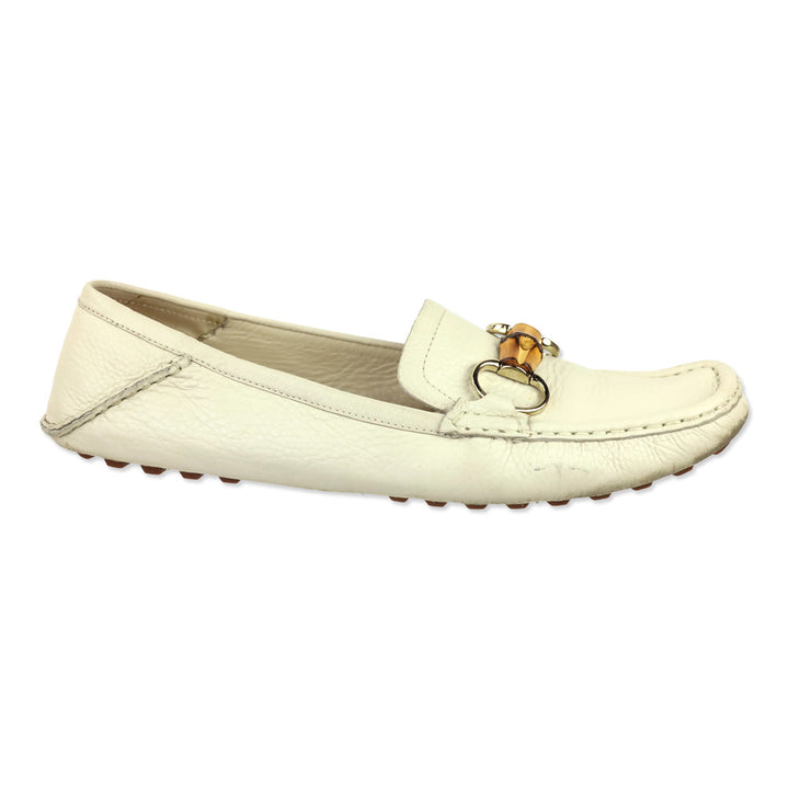 Gucci Cream Leather Bamboo Horsebit Driving Loafer