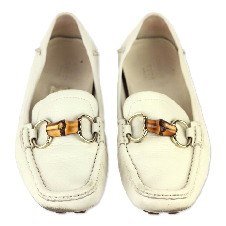 Gucci Cream Leather Bamboo Horsebit Driving Loafer