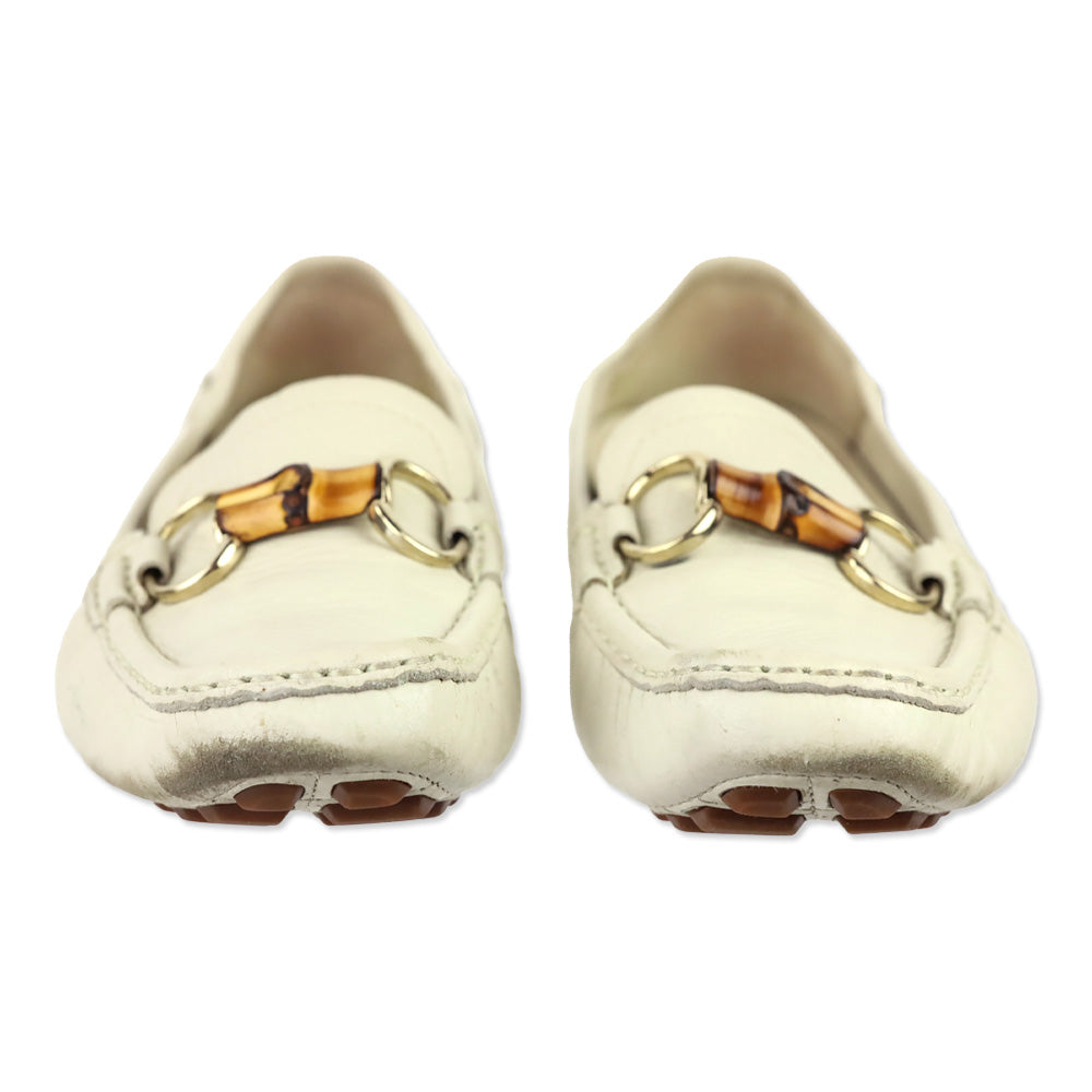 Gucci Cream Leather Bamboo Horsebit Driving Loafer