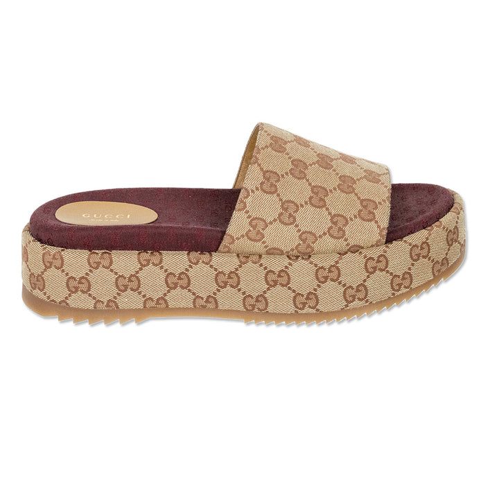 Gucci Dark Red/Beige Canvas GG Monogram Angelina Platform Slide Sandals