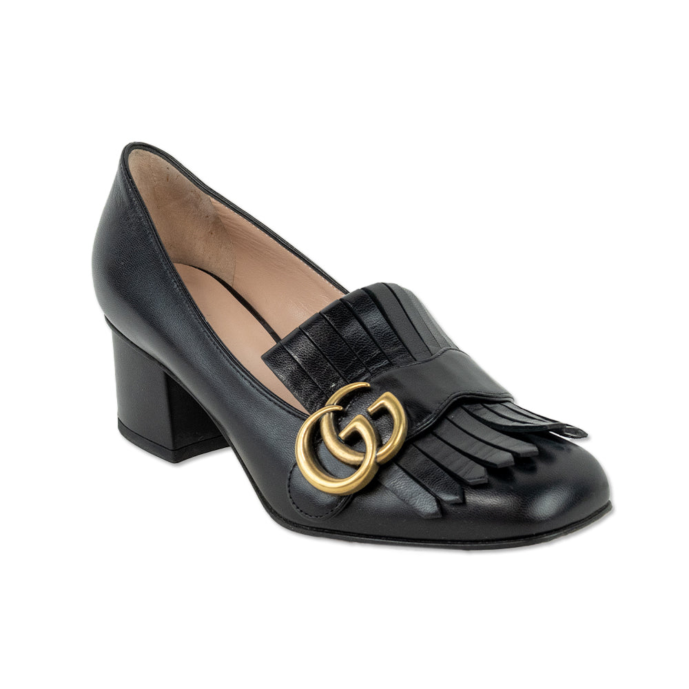 Gucci GG Marmont Black Leather Fringe Loafer Pumps