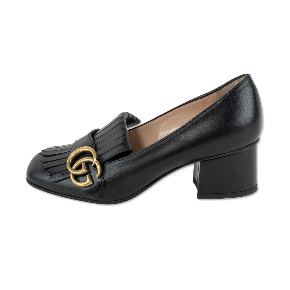 Gucci GG Marmont Black Leather Fringe Loafer Pumps