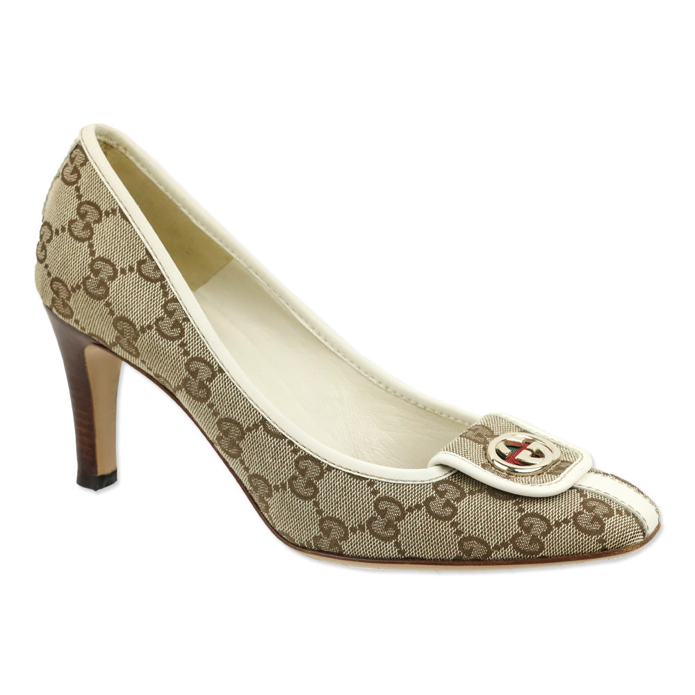 Gucci GG Monogram Web Stripe Wood Heel Pump
