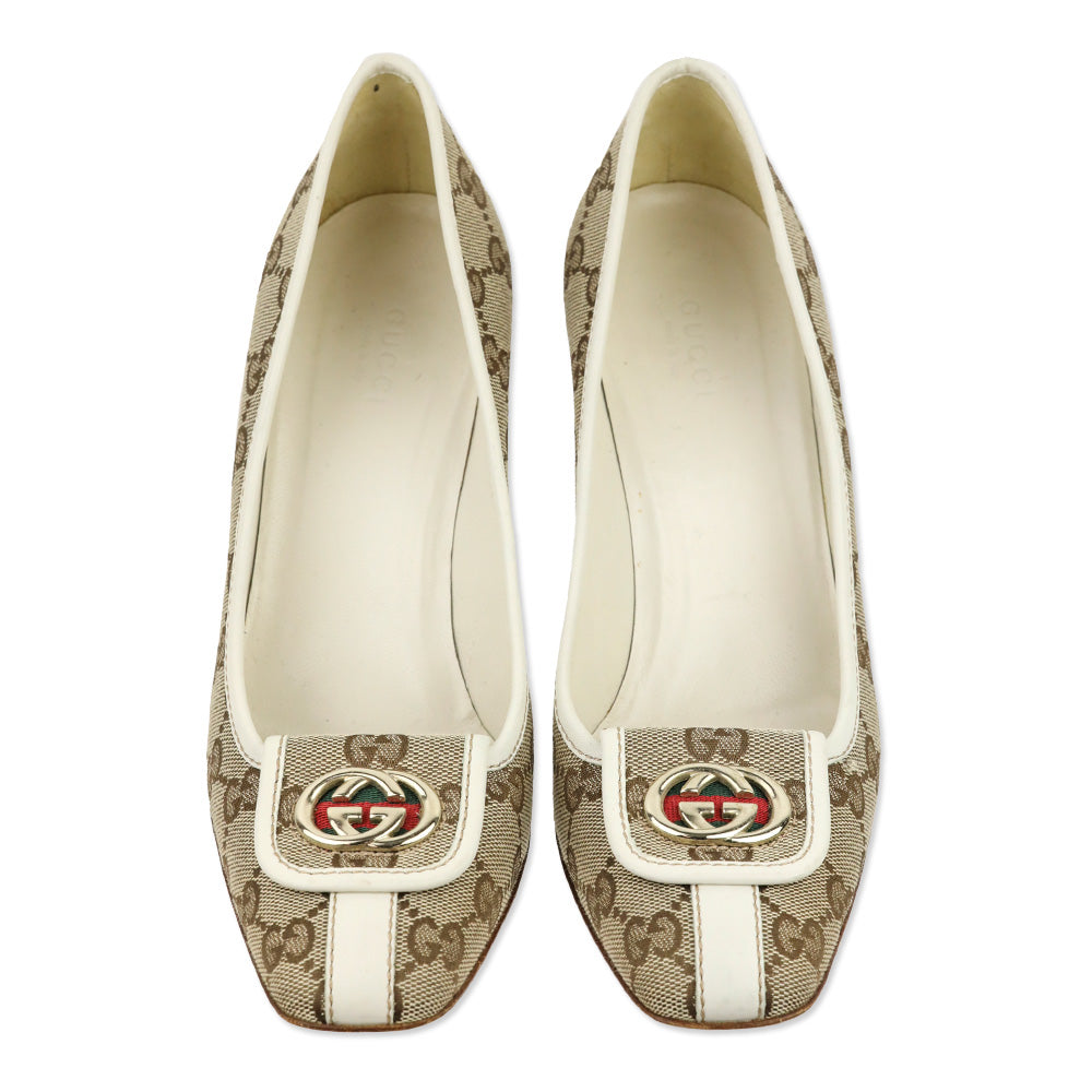 Gucci GG Monogram Web Stripe Wood Heel Pump