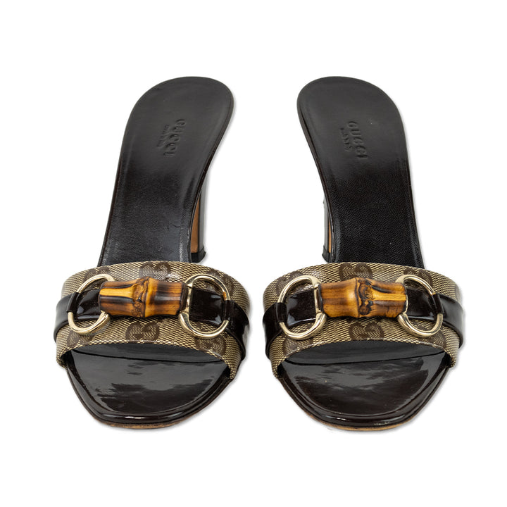 Gucci GG Supreme Bamboo Accent Open Toe Mules