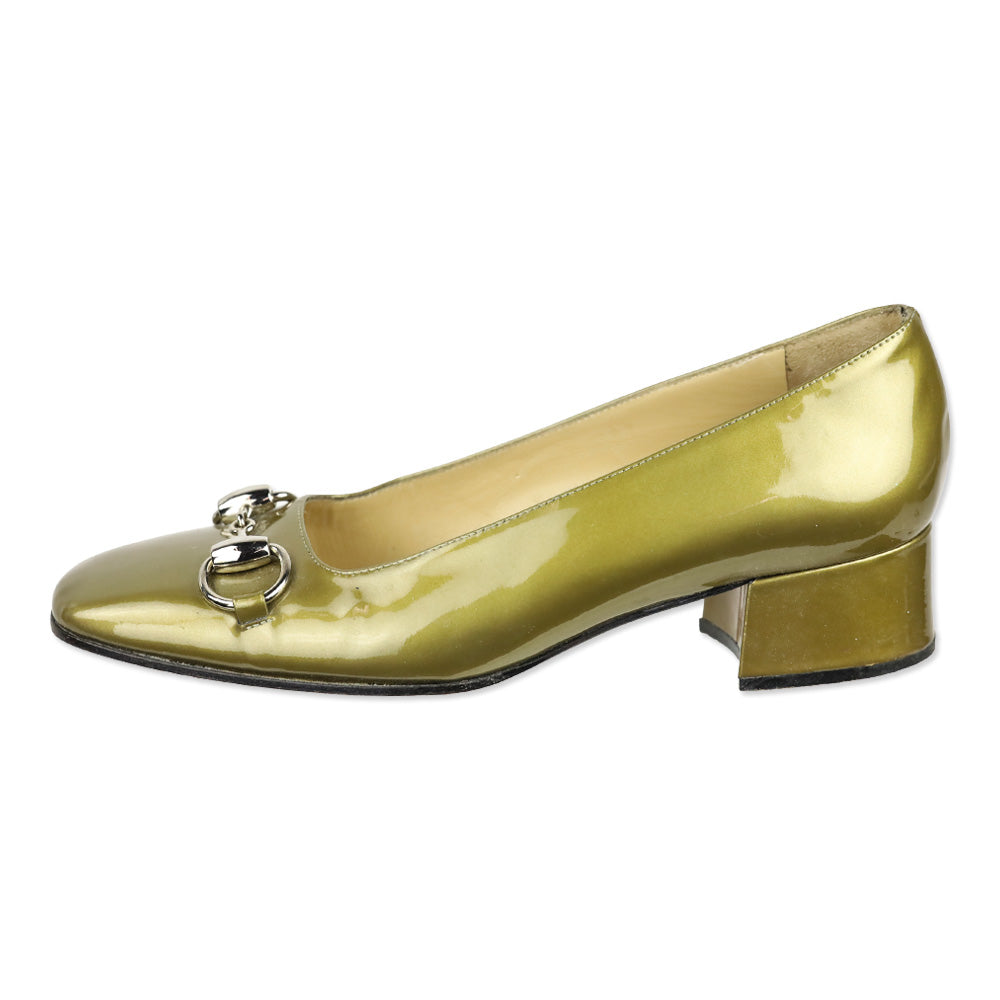 Gucci Gold Patent Leather Horsebit Square Toe Pumps