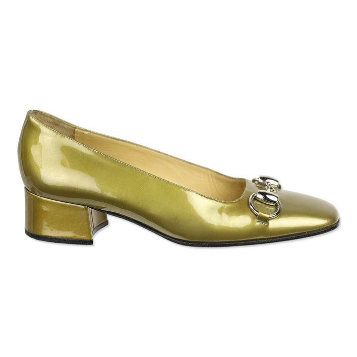 Gucci Gold Patent Leather Horsebit Square Toe Pumps