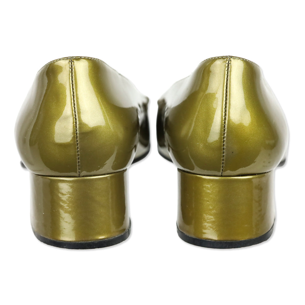 Gucci Gold Patent Leather Horsebit Square Toe Pumps