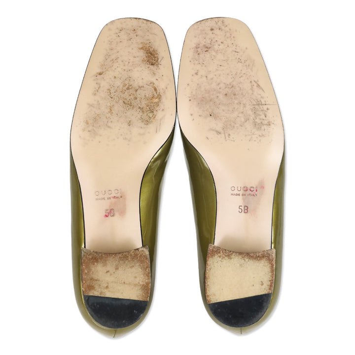 Gucci Gold Patent Leather Horsebit Square Toe Pumps