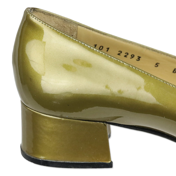 Gucci Gold Patent Leather Horsebit Square Toe Pumps