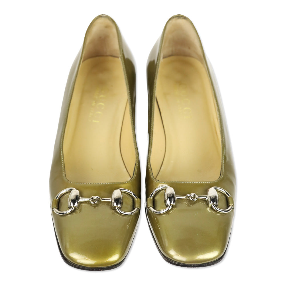 Gucci Gold Patent Leather Horsebit Square Toe Pumps