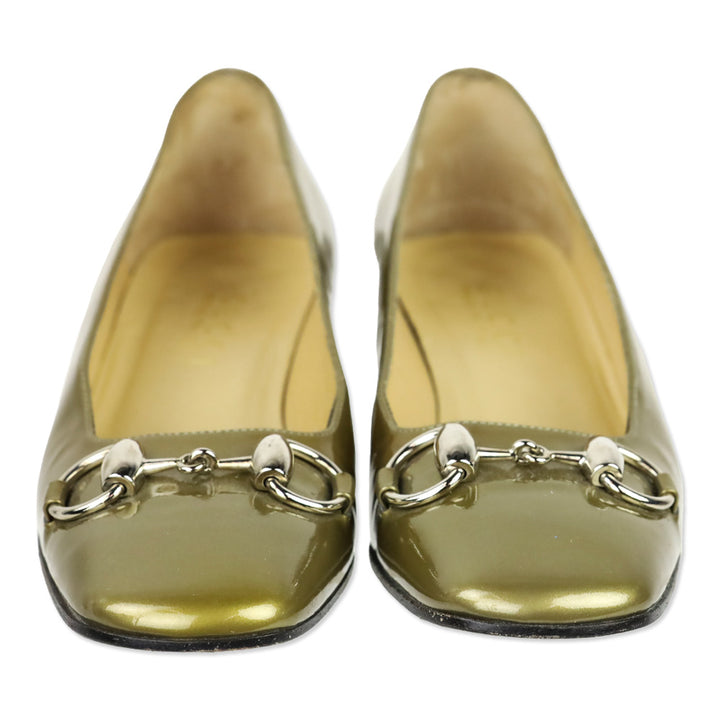 Gucci Gold Patent Leather Horsebit Square Toe Pumps