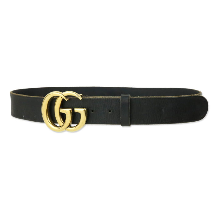Gucci Gold Shiny GG Marmont Buckle Black Wide Belt