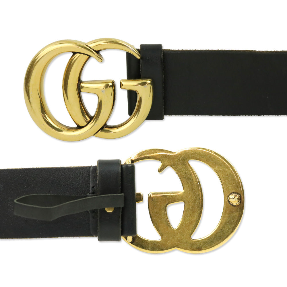 Gucci Gold Shiny GG Marmont Buckle Black Wide Belt