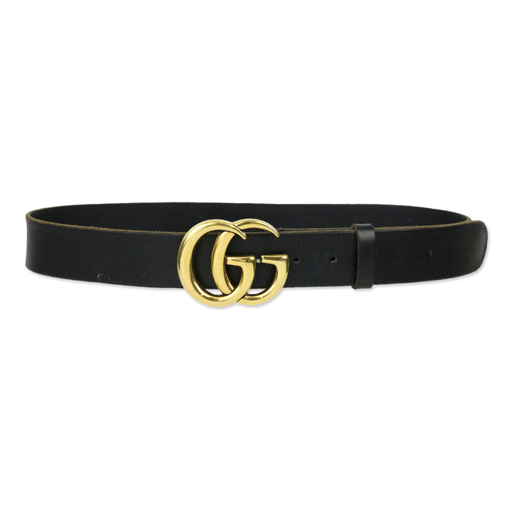 Gucci Gold Shiny GG Marmont Buckle Black Wide Belt