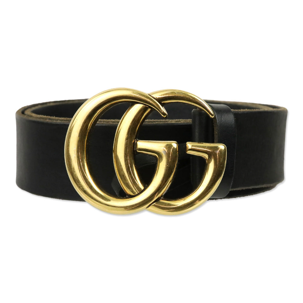 Gucci Gold Shiny GG Marmont Buckle Black Wide Belt