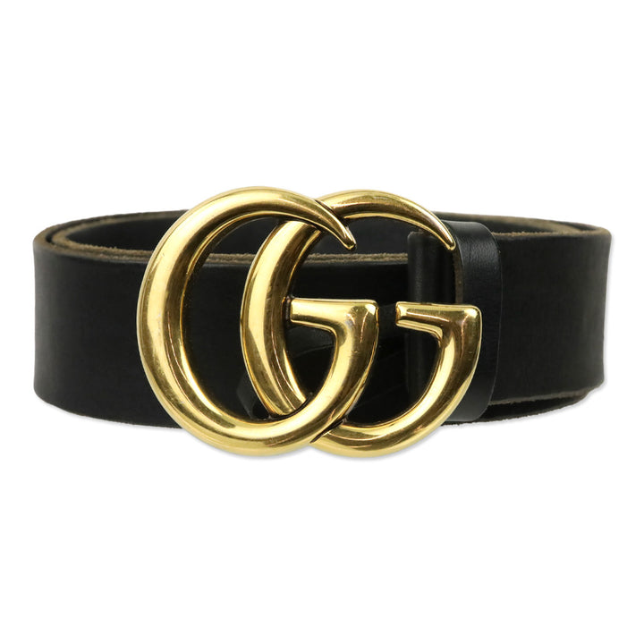 Gucci Gold Shiny GG Marmont Buckle Black Wide Belt
