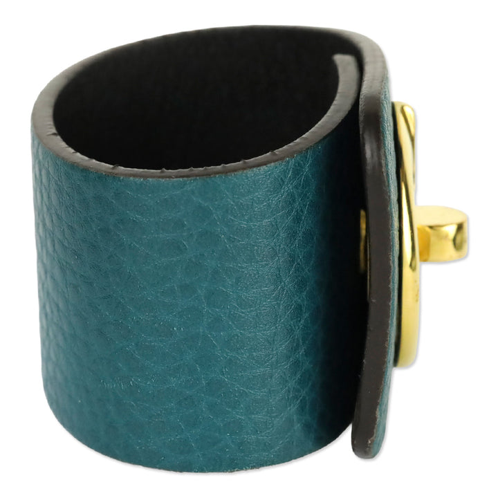 Gucci Gold Tone Turnkey GG Teal Embossed Leather Bracelet