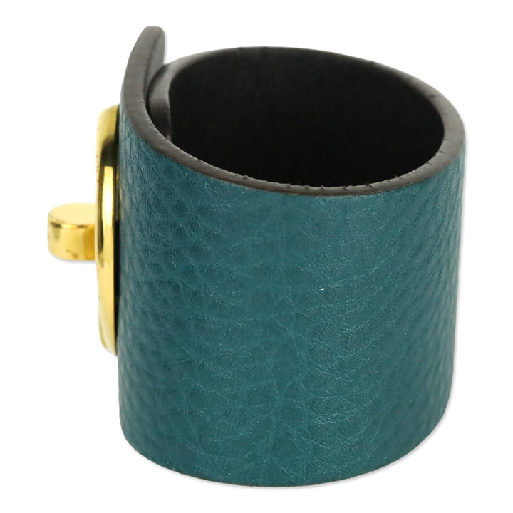 Gucci Gold Tone Turnkey GG Teal Embossed Leather Bracelet