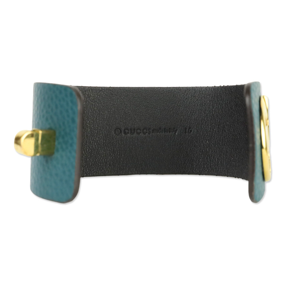 Gucci Gold Tone Turnkey GG Teal Embossed Leather Bracelet