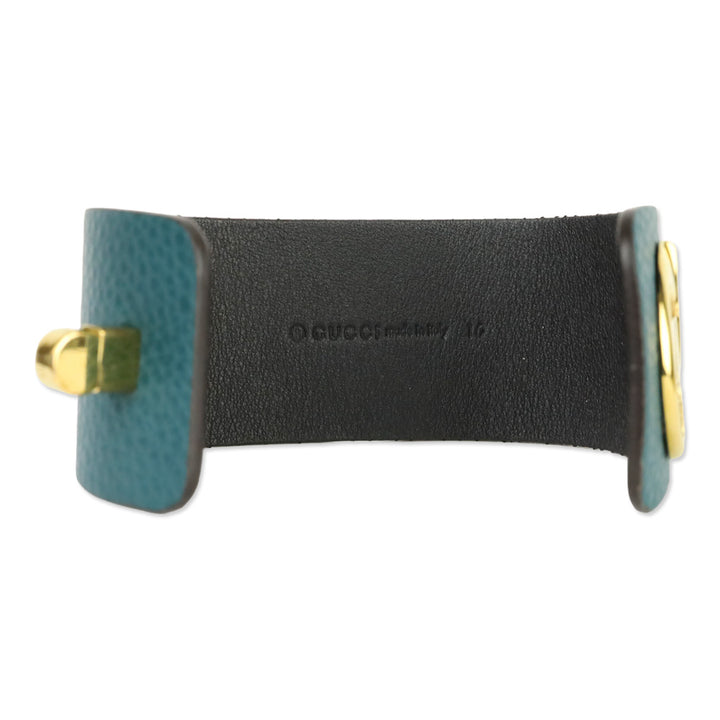 Gucci Gold Tone Turnkey GG Teal Embossed Leather Bracelet