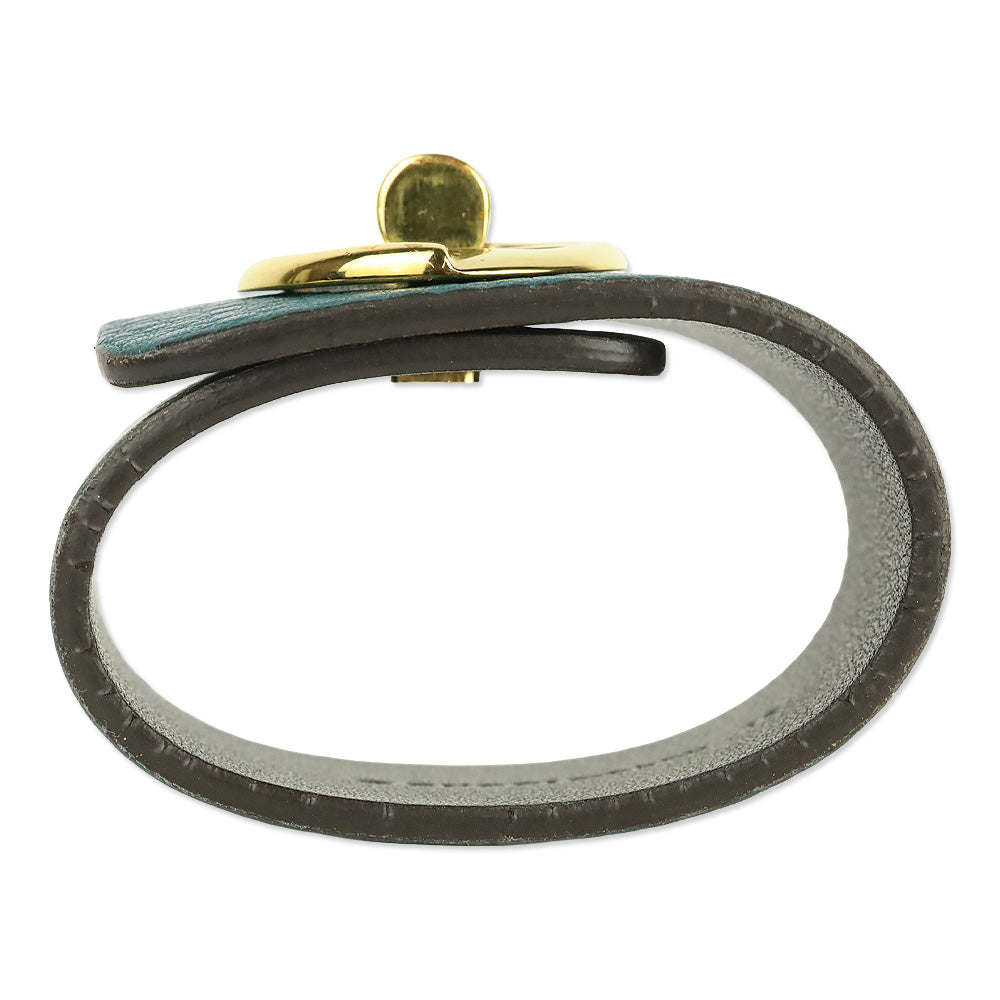 Gucci Gold Tone Turnkey GG Teal Embossed Leather Bracelet