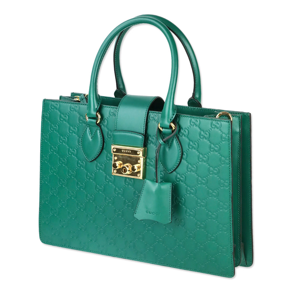 Gucci Green Guccissima Leather Padlock Double Handle Tote Bag