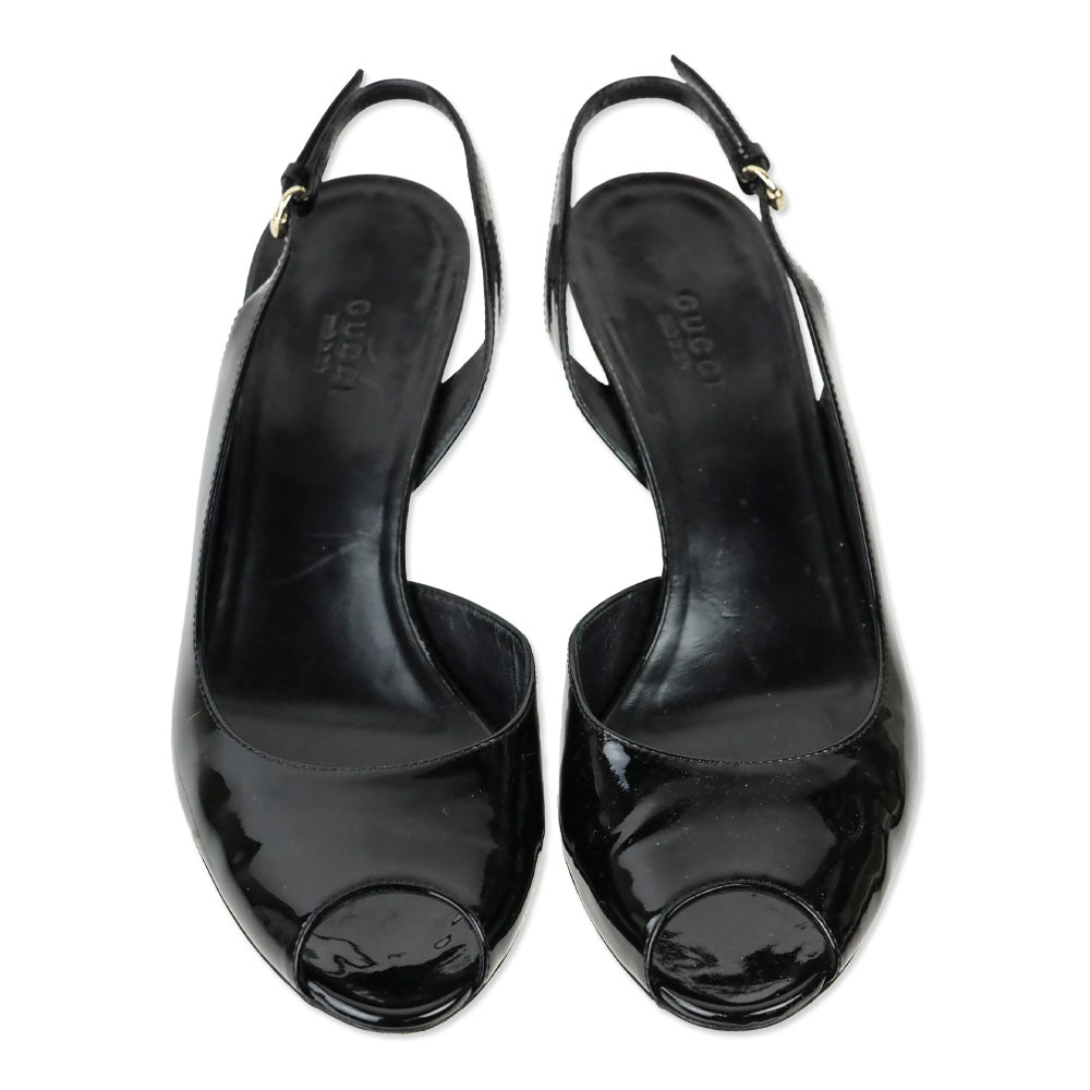Gucci Black Patent Leather Slingback Wedge Pumps