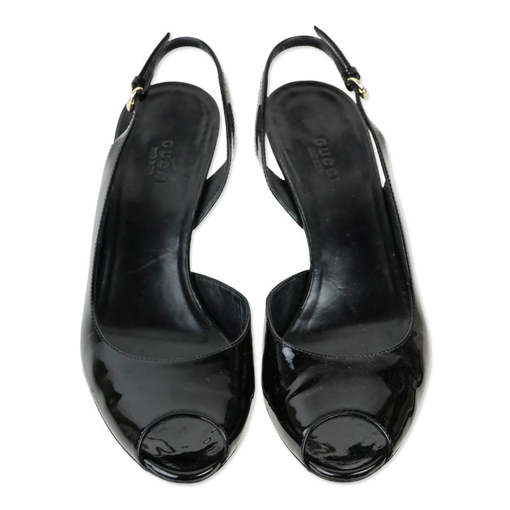 Gucci Black Patent Leather Slingback Wedge Pumps