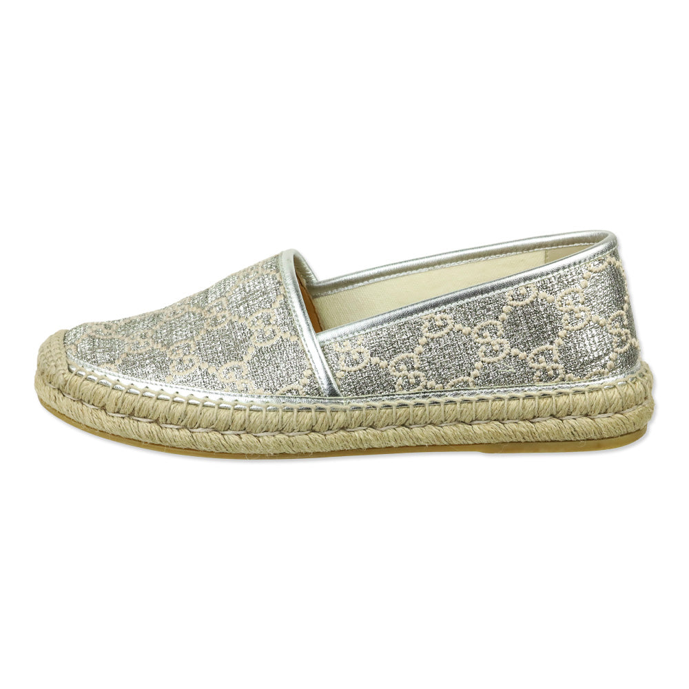 Gucci Heritage GG Monogram Silver Lame Nappa Espadrilles