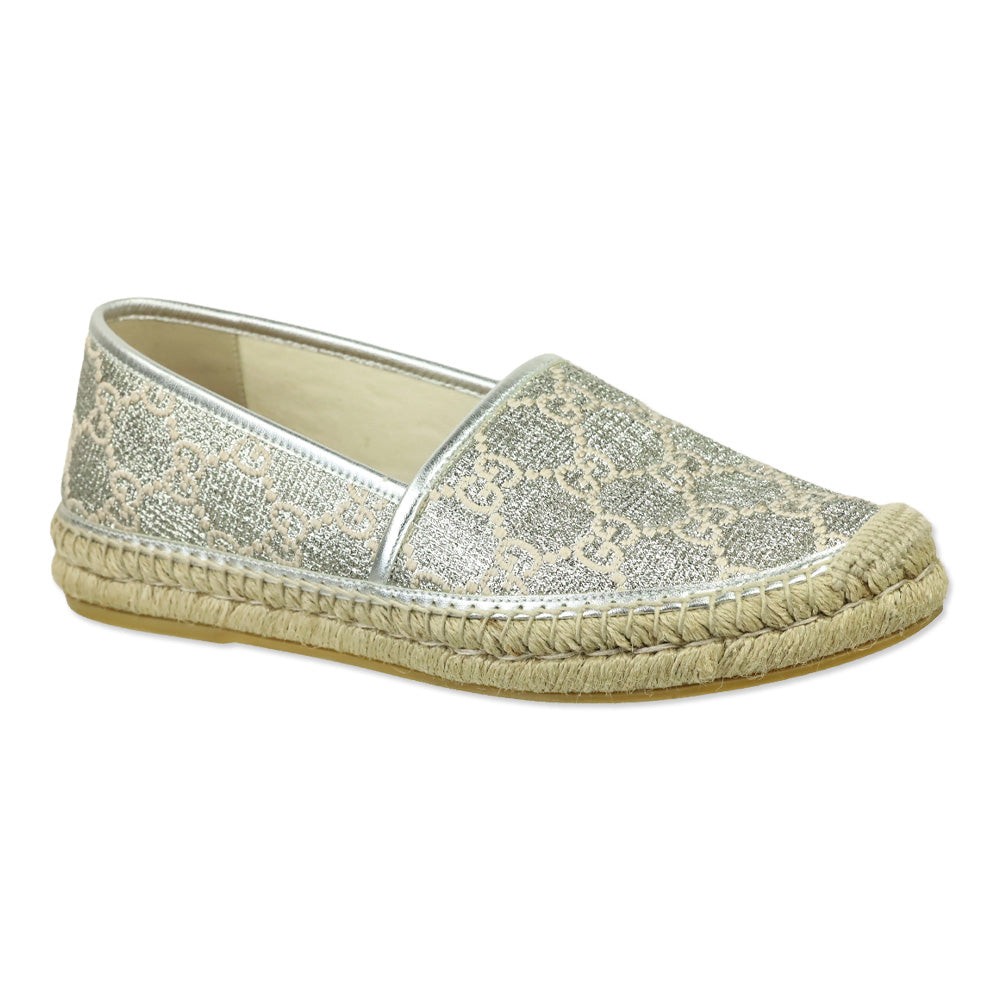 Gucci Heritage GG Monogram Silver Lame Nappa Espadrilles