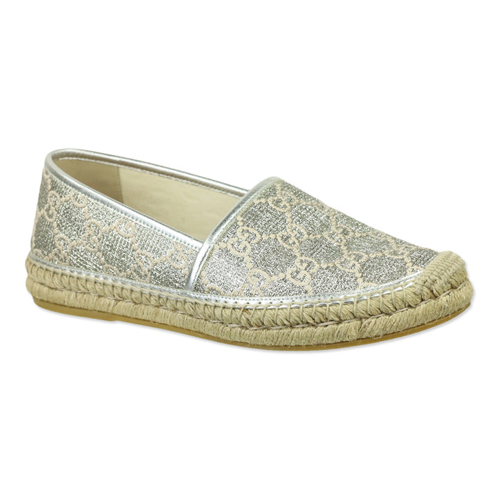 Gucci Heritage GG Monogram Silver Lame Nappa Espadrilles