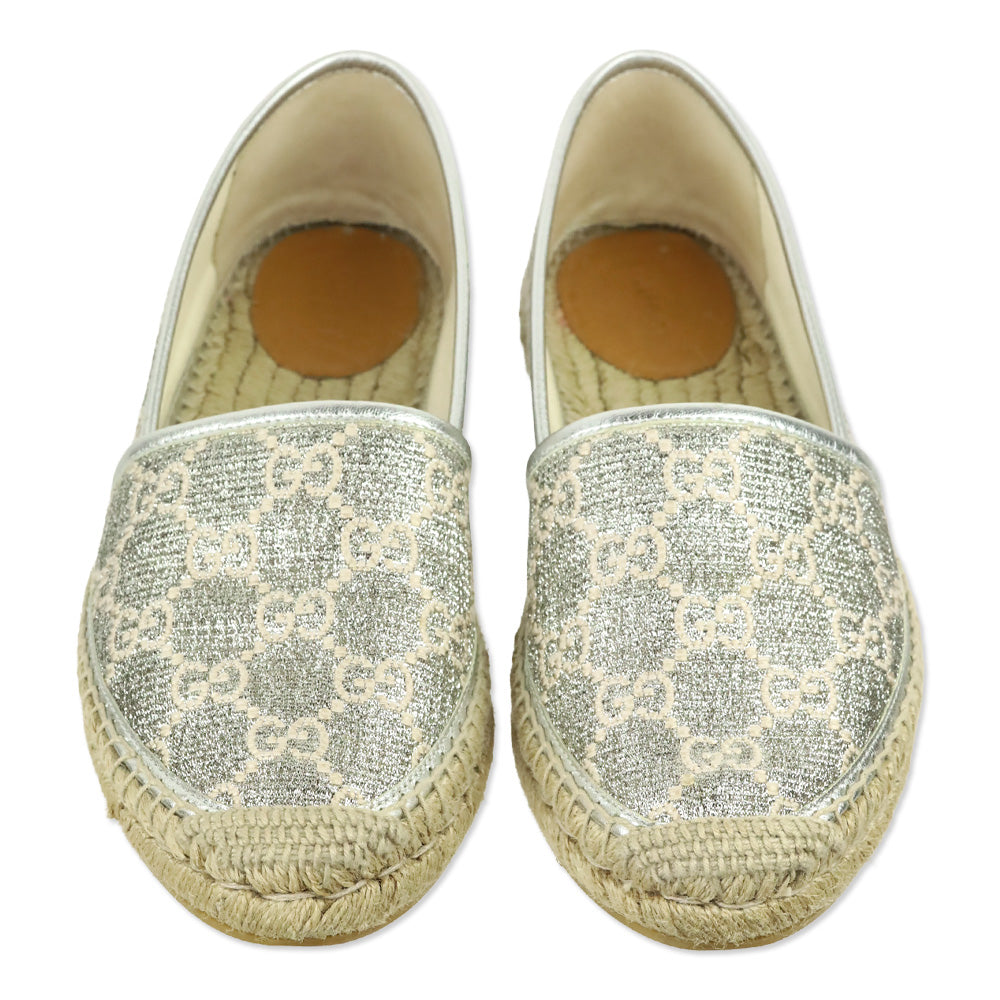 Gucci Heritage GG Monogram Silver Lame Nappa Espadrilles