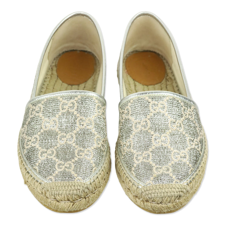 Gucci Heritage GG Monogram Silver Lame Nappa Espadrilles