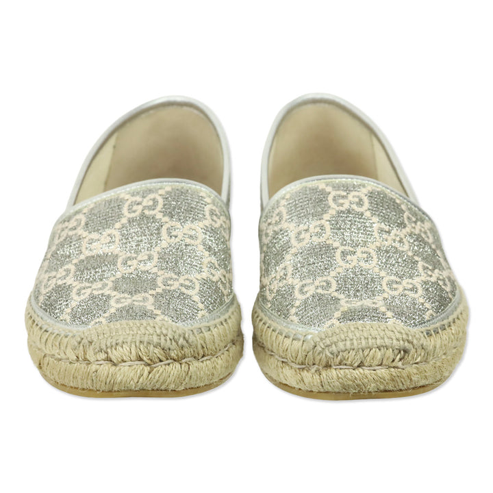 Gucci Heritage GG Monogram Silver Lame Nappa Espadrilles