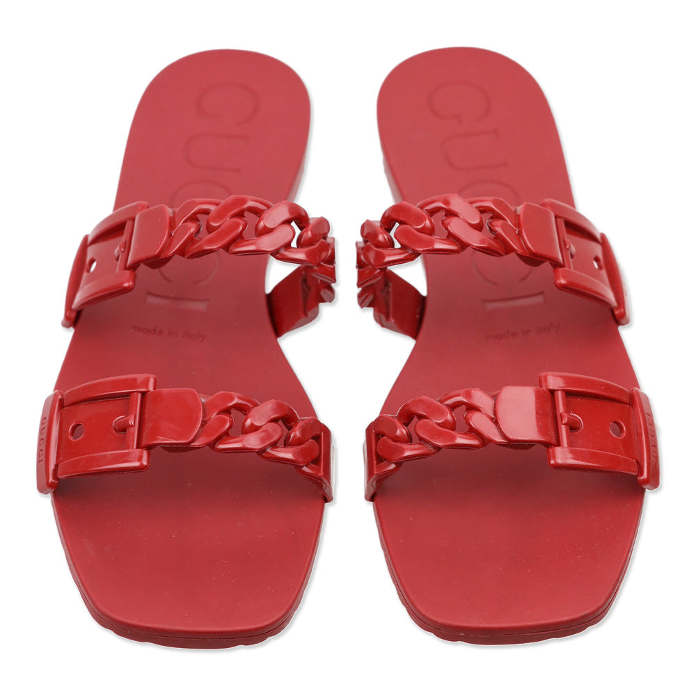 Gucci Hibiscus Red Rubber Chain Slide Sandals